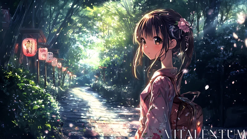 Sunlit shrine path with kimono girl and drifting petals.