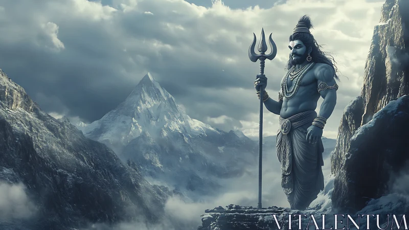 Himalayan storm god strides through cloud-wrapped peaks.