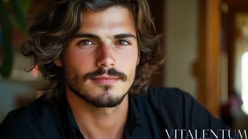 Sunlit gaze of a tousled-haired man in quiet focus.
