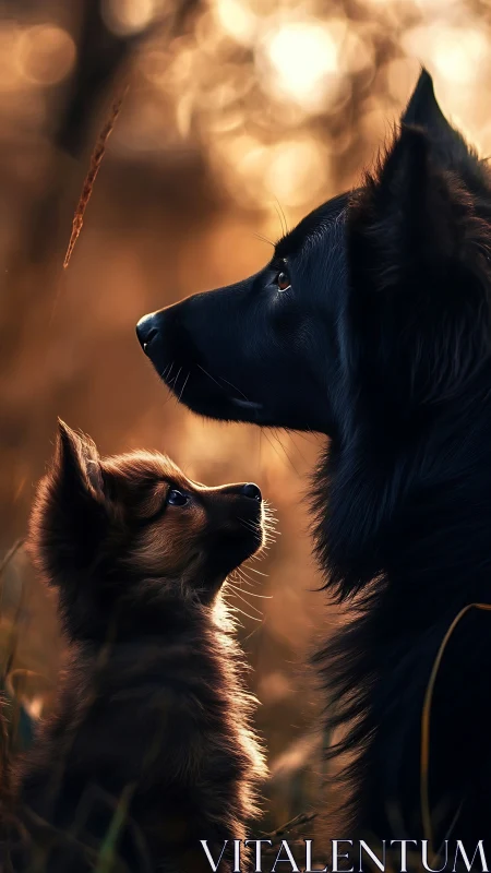 Sunlit dog and puppy share a tender golden-hour gaze.