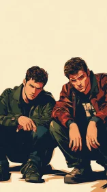 Digital painting of two seated young men in low crouched pose.