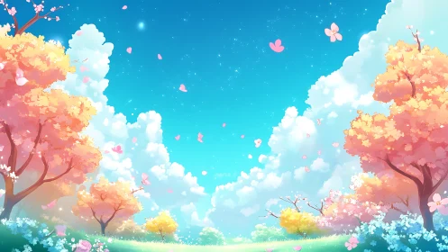 Vibrant spring meadow with stylized cherry trees and petals