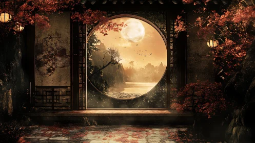 Moonlit circular gateway frames serene autumn lake view.