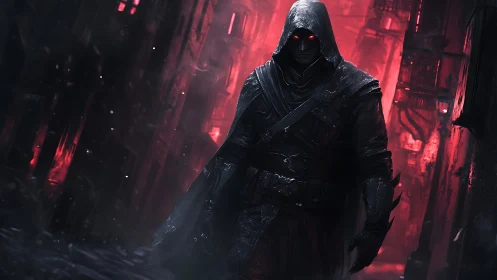 Hooded wanderer crossing a crimson neon alleyway at dusk.