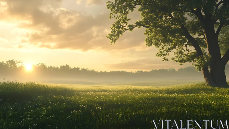 Low-angle sunrise over dewy meadow with volumetric atmospheric haze