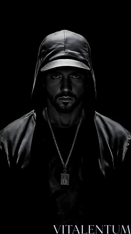 Man in leather hoodie stares forward under dramatic lighting