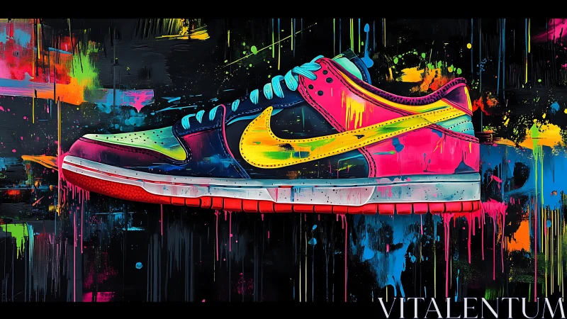 Neon spray-painted sneaker floats over dripping graffiti wall