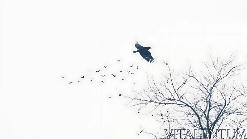 Minimalist silhouette of flying birds and bare tree branches.