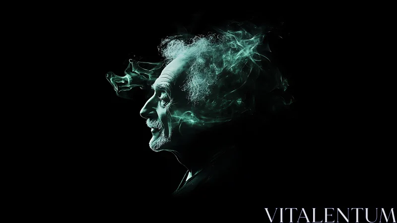 Mystic profile of a wise dreamer dissolving into green smoke.