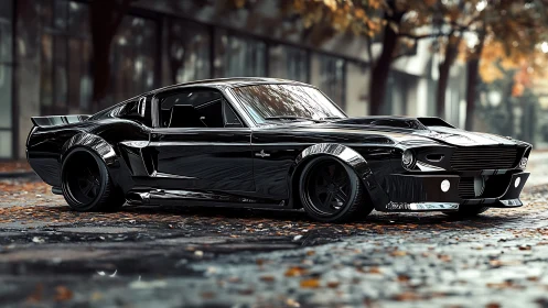 Sleek black muscle car glowing with autumn street charm.