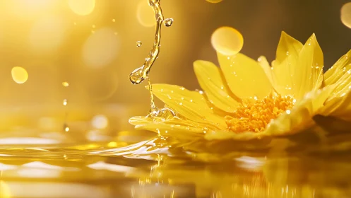 Golden flower rests in reflective water under warm light