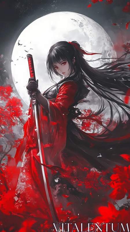 Dark-haired sword warrior under full moon in red kimono.