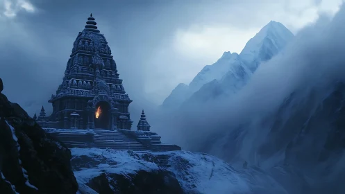 Ancient stone temple glows amid misty frozen mountains.