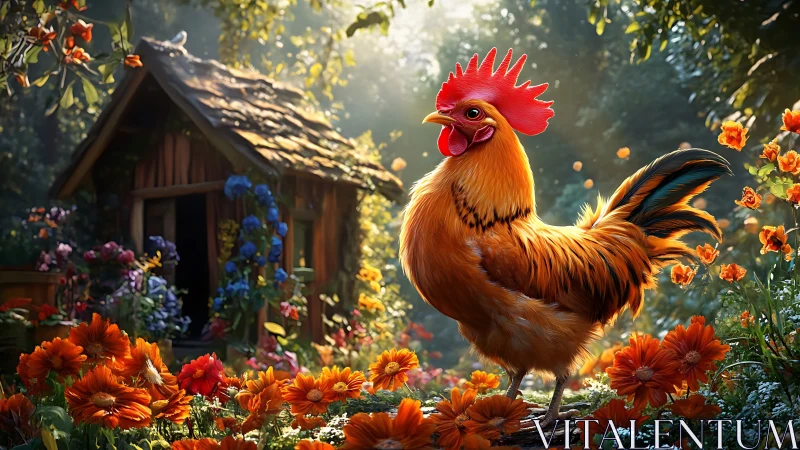 Golden Rooster in Bloom: Digital Garden Sanctuary Rendered.