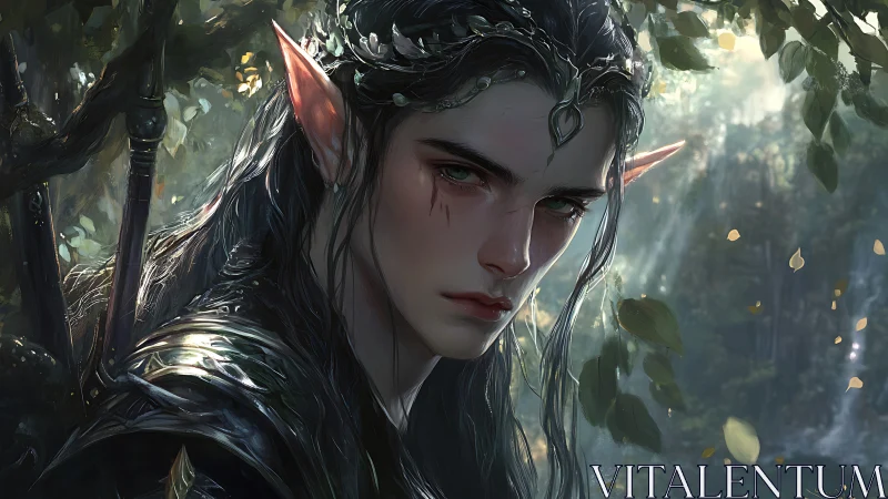 Melancholic elf warrior in dappled forest light portrait.