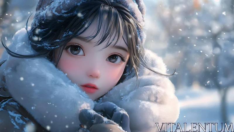 Snowy winter portrait of bundled anime girl outdoors.