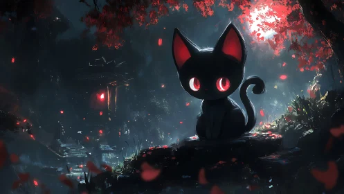 Moonlit forest kitten with glowing eyes and soft red magic.