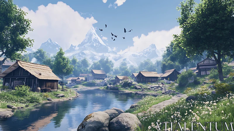 Riverside medieval village below snow covered mountains.