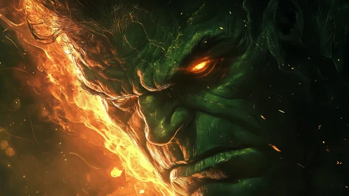 Fierce green titan framed by blazing molten light.