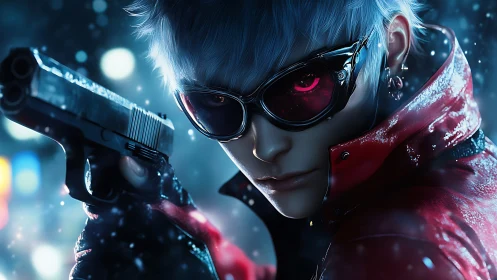 Neon-eyed cyber shooter poised in luminous snowfall.