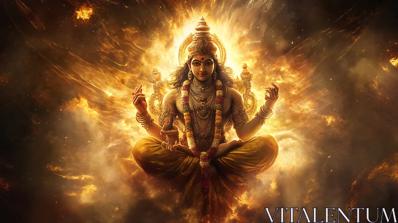 Radiant fireborn goddess in cosmic lotus of swirling light.