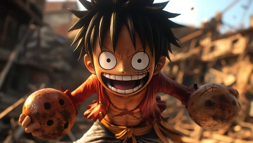 Energetic stylized boy lunges forward holding worn spheres.