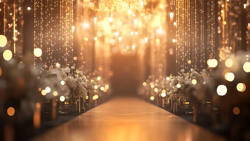 Golden wedding aisle with floral arrangements and lights.