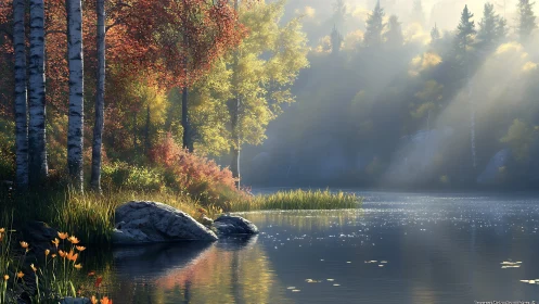 Sunlit forest lake glows softly under gentle autumn mist