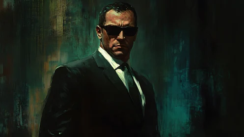 Stoic man in black suit and sunglasses, dark teal backdrop.