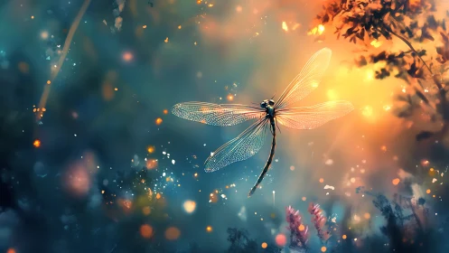 Dragonfly illuminated against soft glowing forest background.