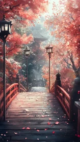 Autumn temple bridge under glowing lantern light at dusk.