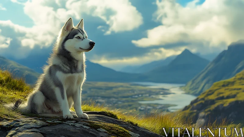 Siberian husky on alpine ridge overlooking sunlit river valley