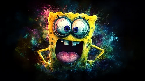 Cartoon sponge character rendered with intense neon lighting