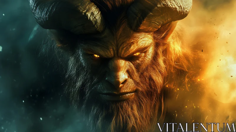 Horned demonic beast stares forward with glowing eyes