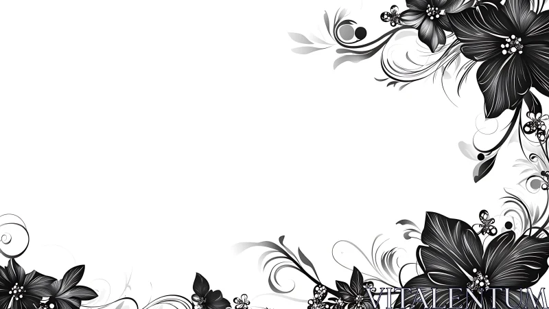 Botanical Dance: Ebony Florals Meet Elegant Swirls.