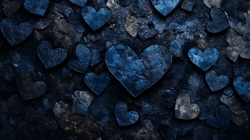 Metallic Blue Hearts Gleaming in Artistic Darkness