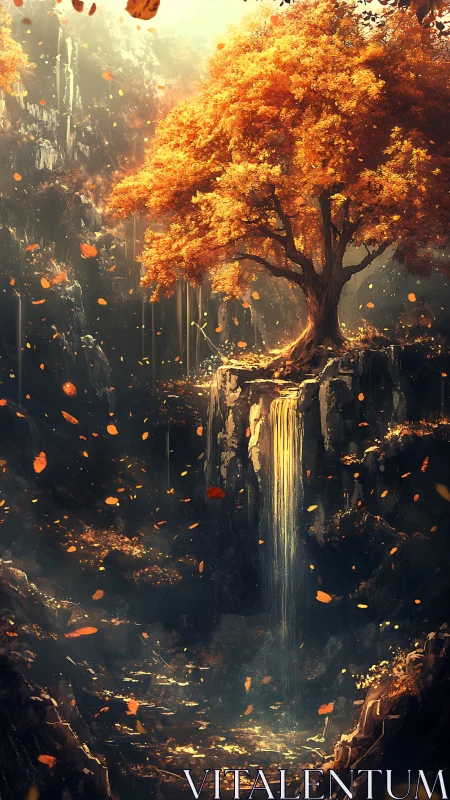 Golden autumn tree above luminous canyon waterfall.