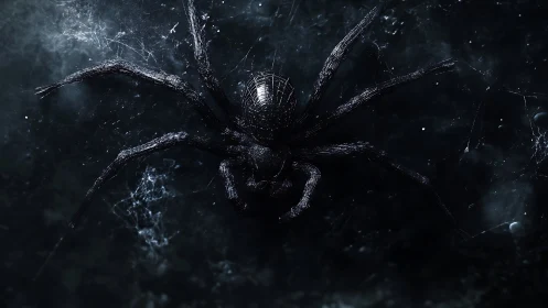 Giant black spider crouches over web in deep shadowed void