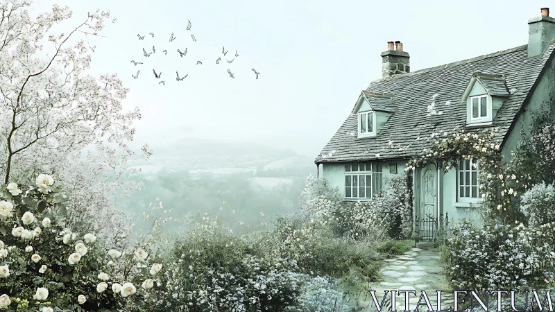 Idyllic cottage garden rendered in soft atmospheric pastels