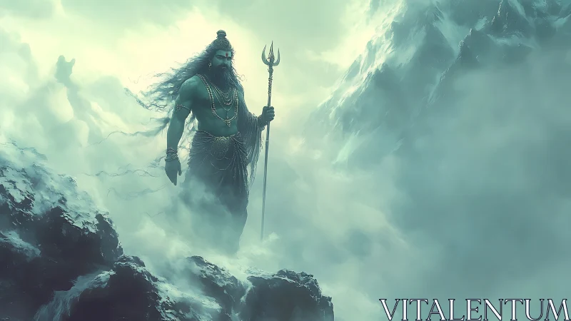 Mythic trident bearer emerging through glacial mountain mist.