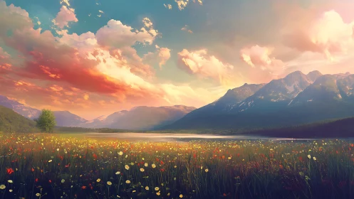 Sunset light washes over a wildflower meadow and calm lake