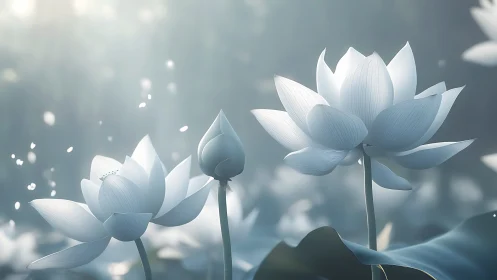 White Lotus Blossoms in Ethereal Mist. Serene Botanical Study.
