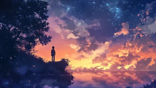 Silhouetted dreamer watches a blazing starlit sunset sky.