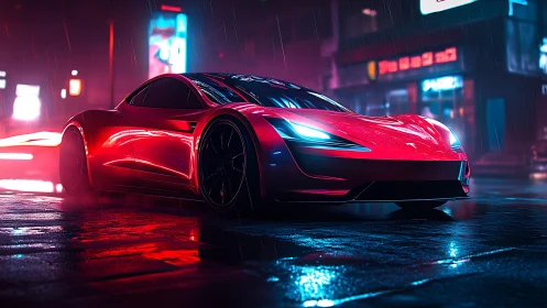 Electric supercar cuts neon reflection through wet city night.