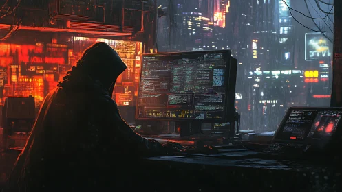 Midnight coder at a neon-lit desk in a rainy future city.