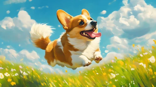 Joyful corgi bounds through sunlit meadow under bright sky