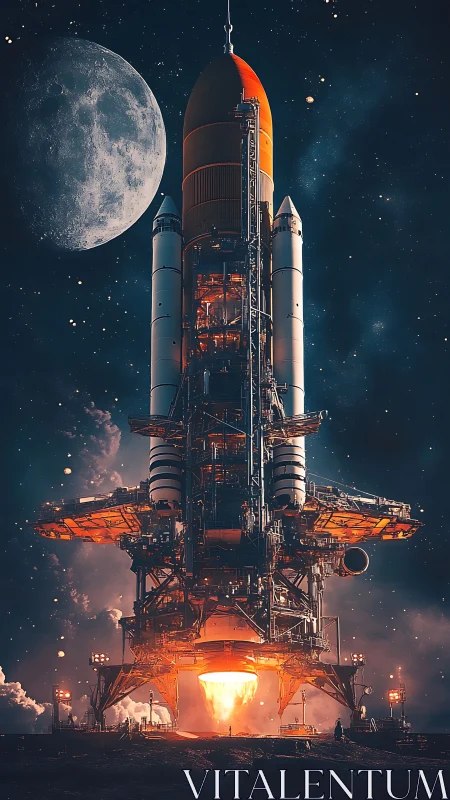 Vertical launch tower rocket ignites against lunar backdrop