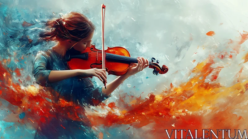 Woman plays violin amid dynamic swirling color bursts
