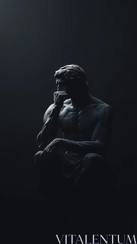 Digital chiaroscuro study of contemplative male sculpture.