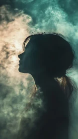 Silhouetted woman in mist against teal and golden light glow.